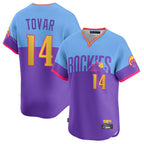 Johmsee C.Rockies #14 Ezequiel Tovar Player Purple-Light Blue City Connect Limited Home T-shirt Stitched Jerseys