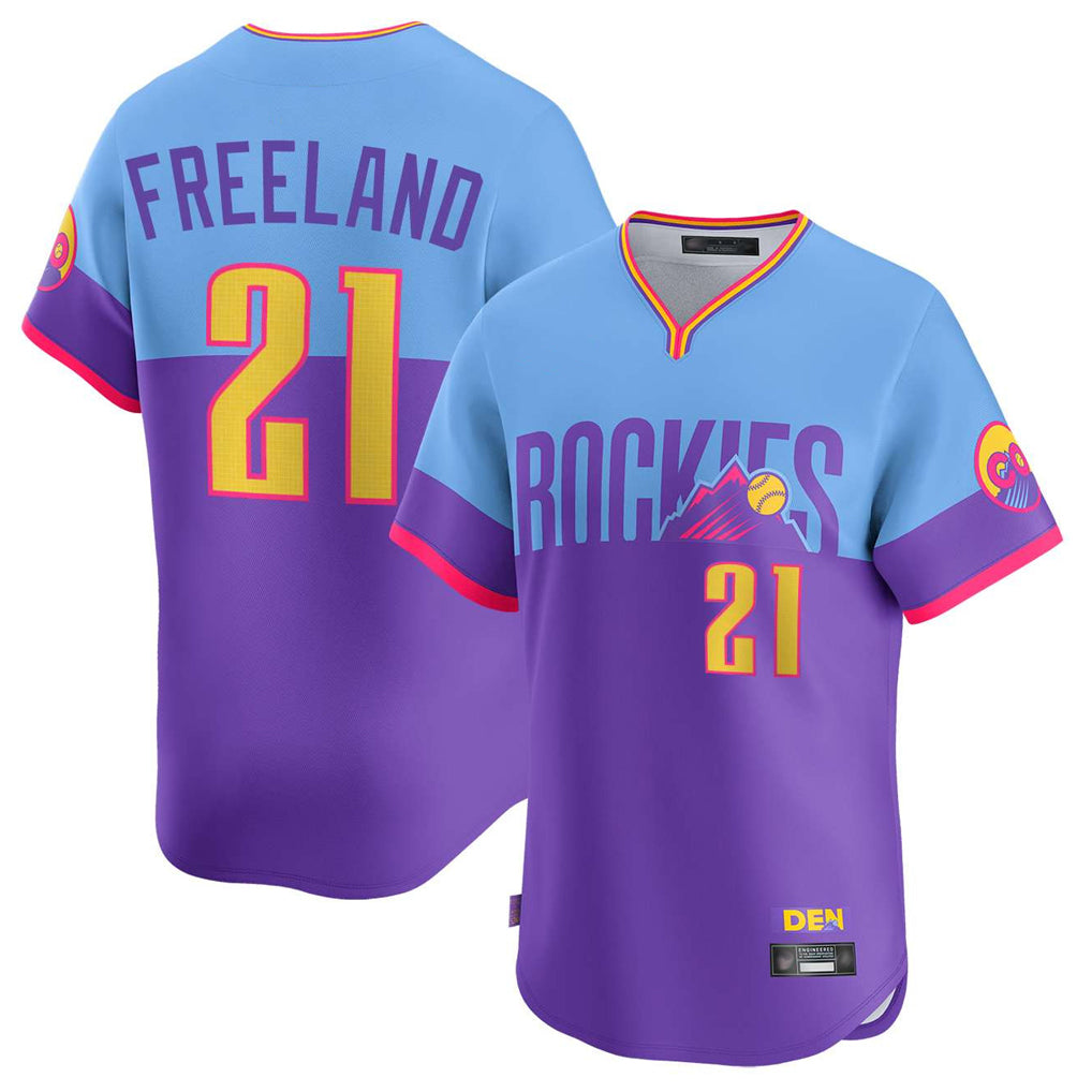 Johmsee C.Rockies #21 Kyle Freeland Player Purple-Light Blue City Connect Limited Home T-shirt Stitched Jerseys