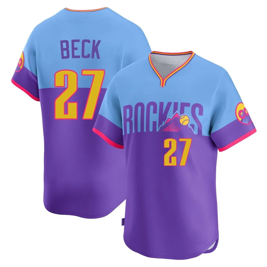 Johmsee C.Rockies #27 Jordan Beck Player Purple-Light Blue City Connect Limited Home T-shirt Stitched Jerseys