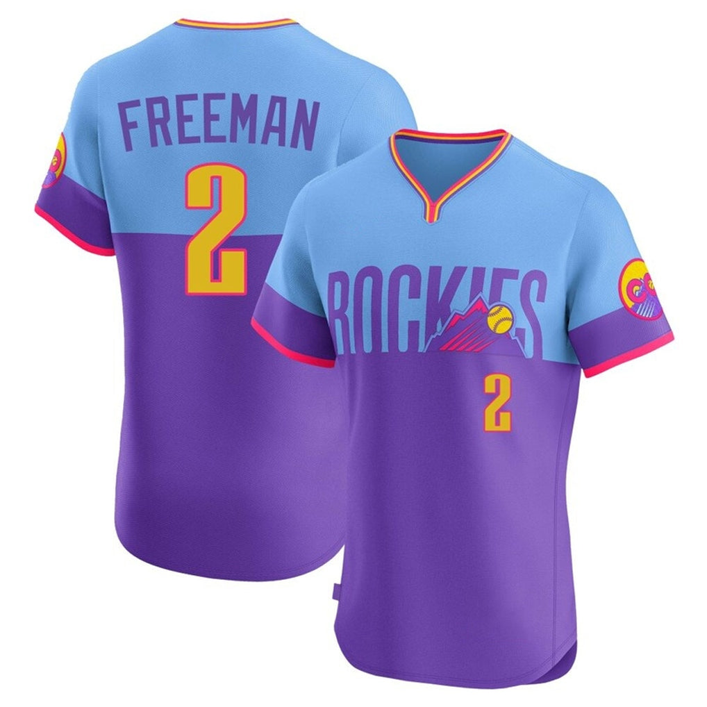 Johmsee C.Rockies #2 Tyler Freeman Player Purple-Light Blue City Connect Limited Elite Home T-shirt Stitched Jerseys