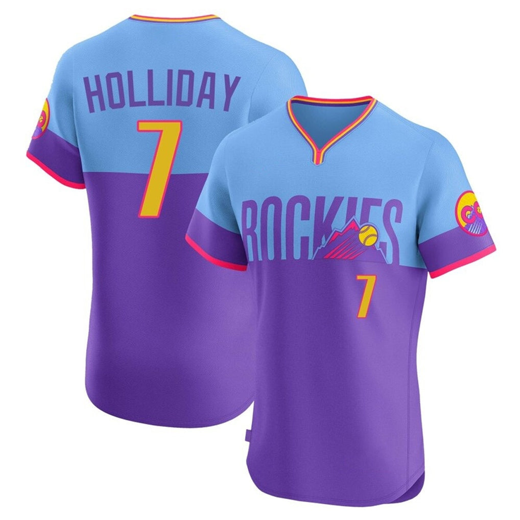 Johmsee C.Rockies #7 Matt Holliday Player Purple-Light Blue City Connect Limited Elite Home T-shirt Stitched Jerseys