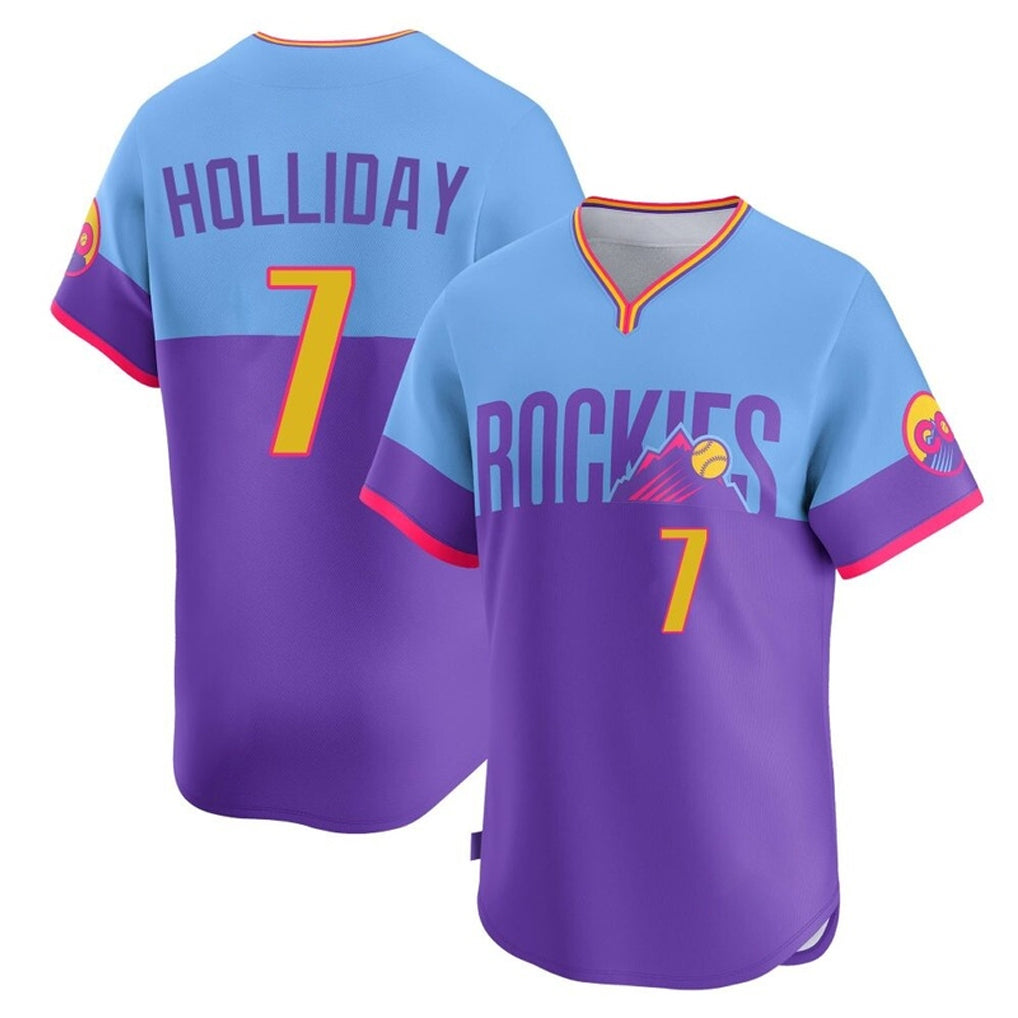 Johmsee C.Rockies #7 Matt Holliday Player Purple-Light Blue City Connect Limited Home T-shirt Stitched Jerseys
