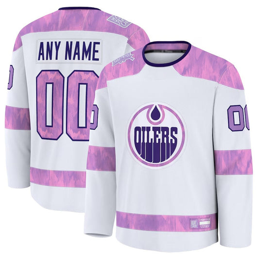 Custom E.Oilers Fanatics 2024 Hockey Fights Cancer Practice Jersey - White Stitched American Hockey Jerseys