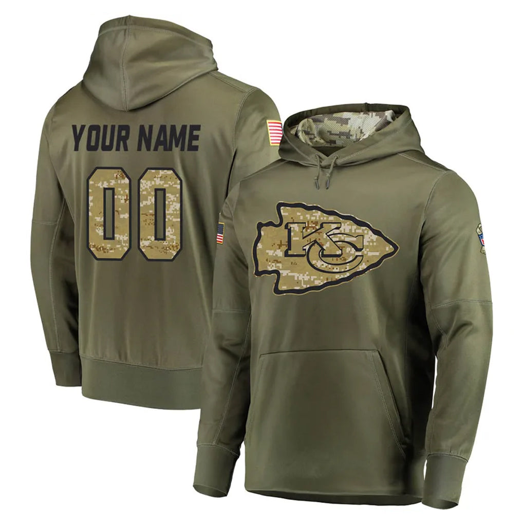 Johmsee Custom KC.Chiefs Olive Salute to Service Pullover Hoodies Home Game Any Name & Numbers Stitched Jerseys