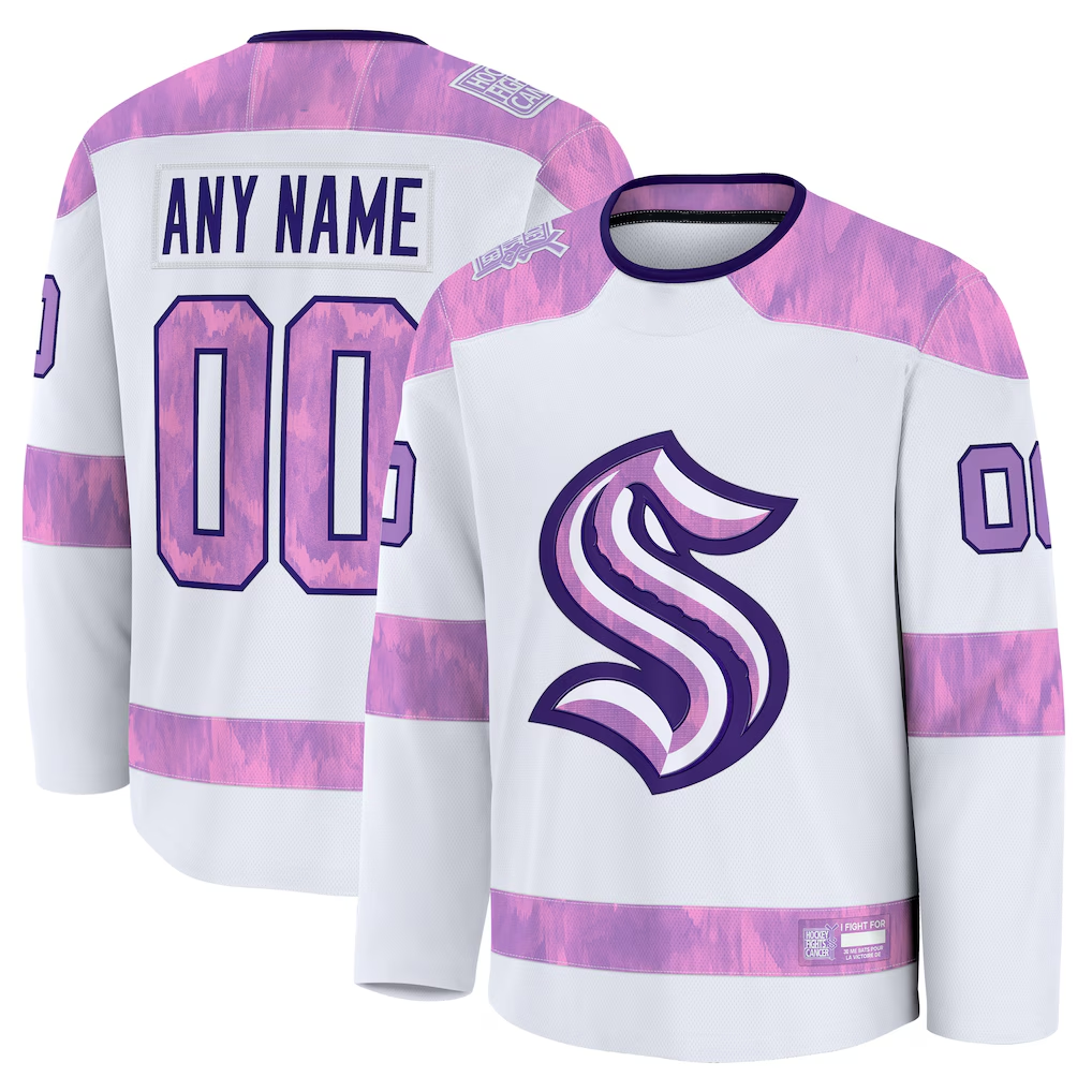 Johmsee Custom S.Kraken White 2024 Hockey Fights Cancer Practice Jerseys