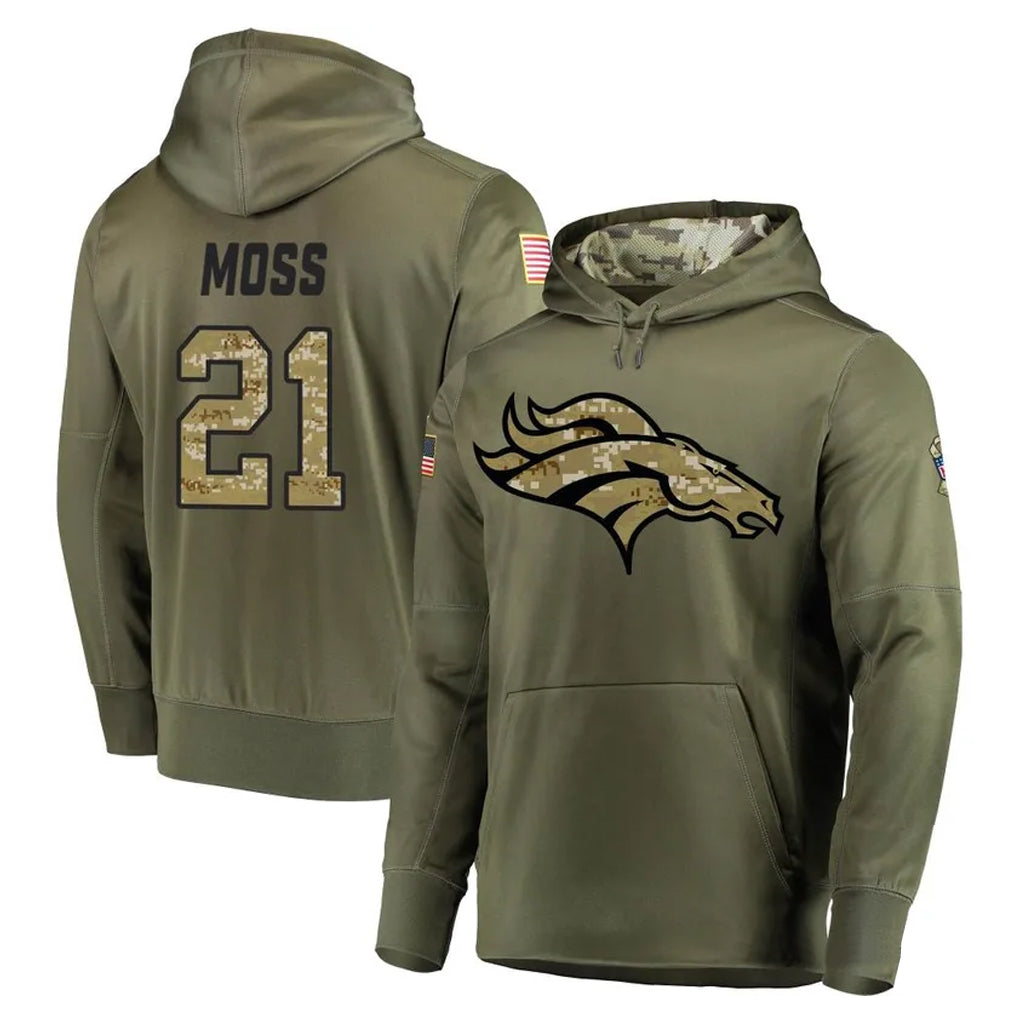Johmsee D.Broncos #21 Riley Moss Player Olive Salute to Service Pullover Hoodies Home Game Stitched Jerseys