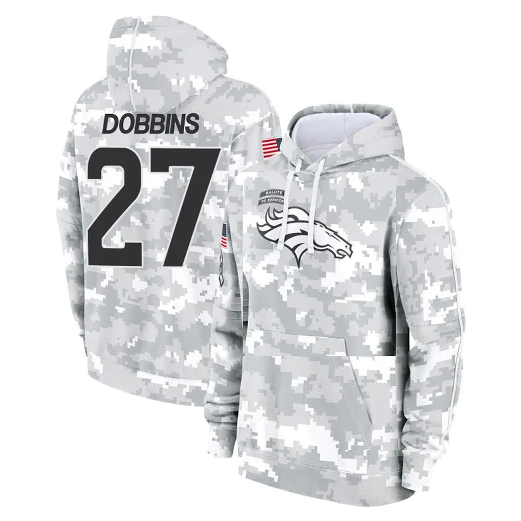Johmsee D.Broncos #27 J.K. Dobbins Player Arctic Camo Salute to Service Hoodies Limited Game Stitched Jerseys