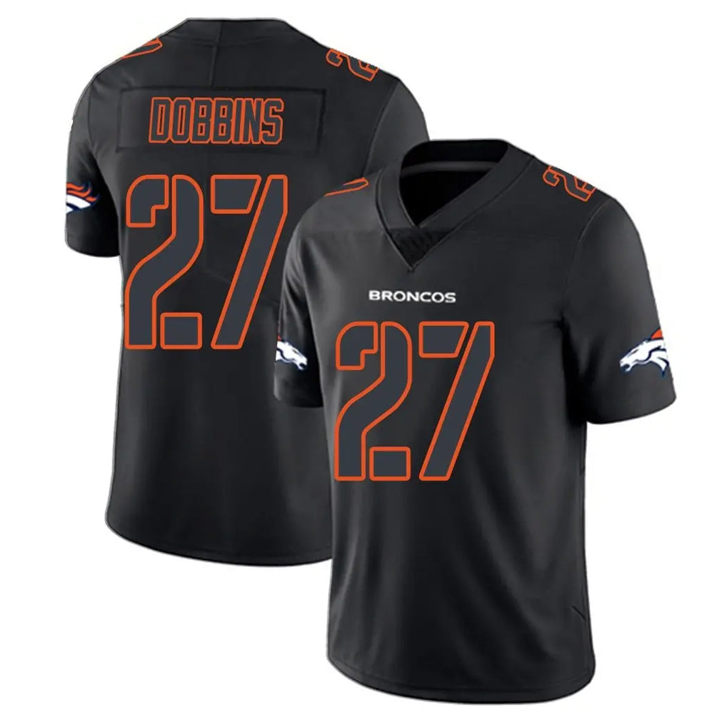 Johmsee D.Broncos #27 J.K. Dobbins Player Black Impact Limited Game Stitched Jerseys