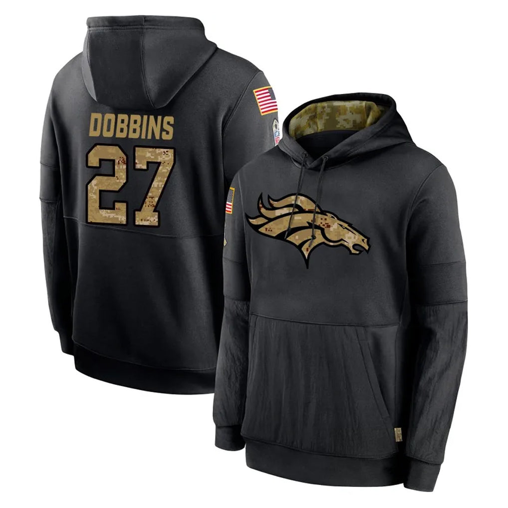 Johmsee D.Broncos #27 J.K. Dobbins Player Black Salute to Service Pullover Hoodies Limited Stitched Jerseys