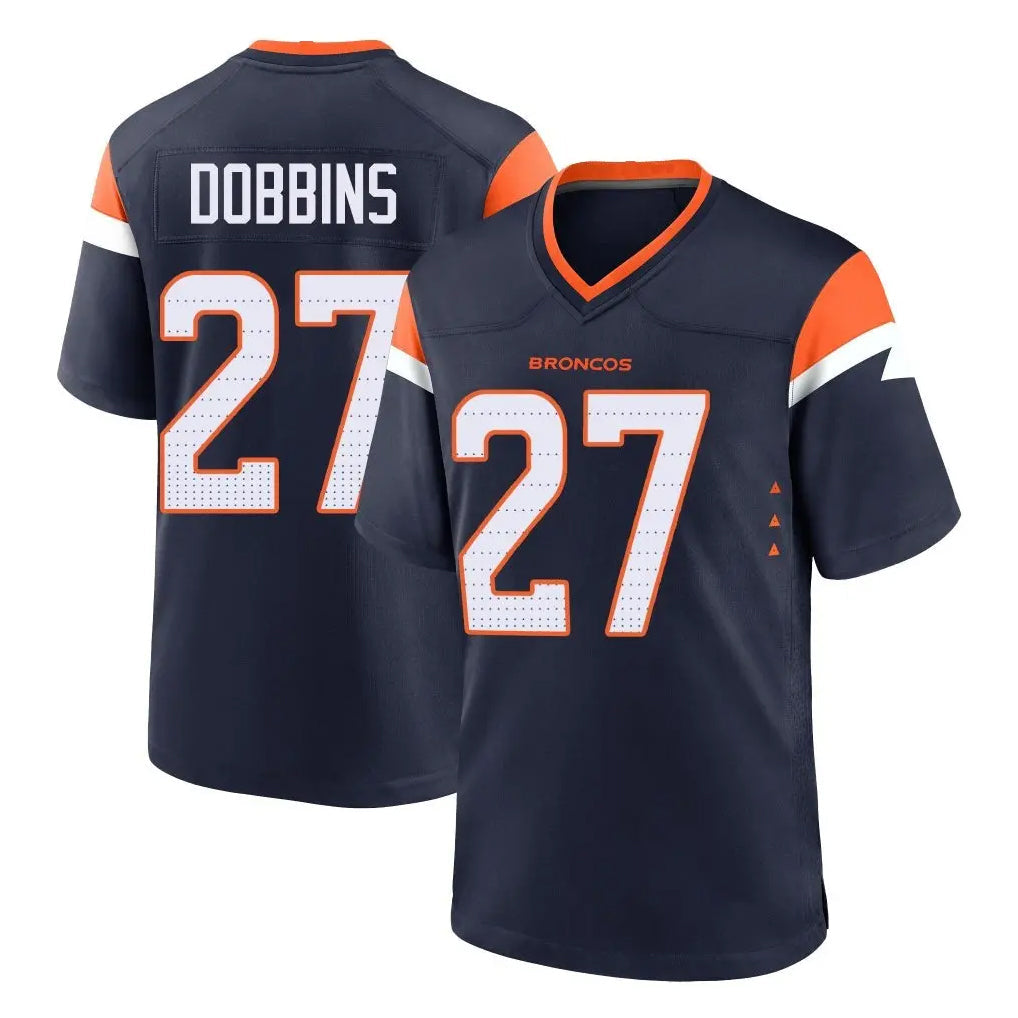 Johmsee D.Broncos #27 J.K. Dobbins Player Navy Home Game Stitched Jerseys