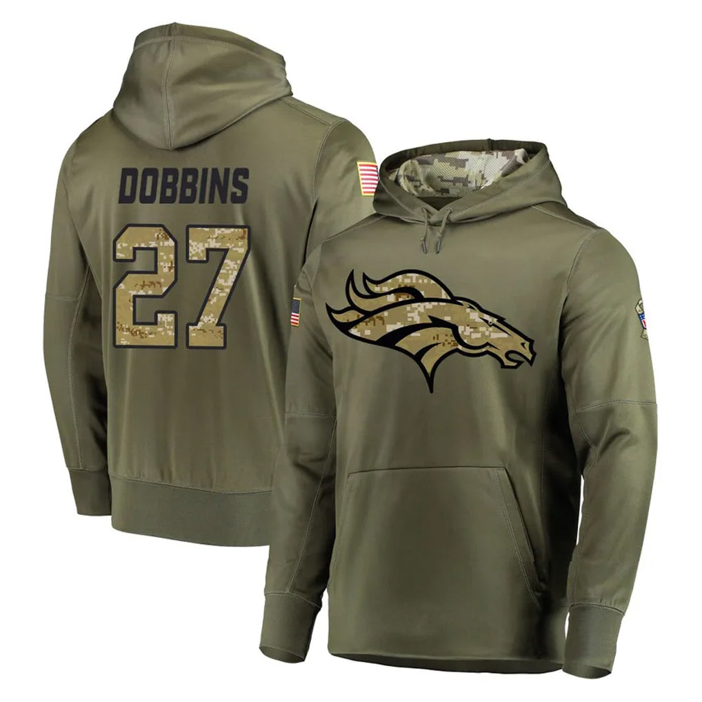 Johmsee D.Broncos #27 J.K. Dobbins Player Olive Salute to Service Pullover Hoodies Home Game Stitched Jerseys