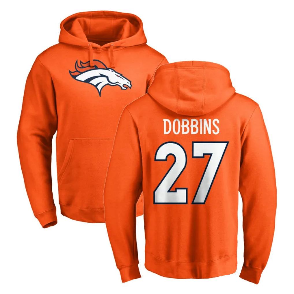 Johmsee D.Broncos #27 J.K. Dobbins Player Orange Pullover Hoodie Limited Stitched Jerseys