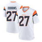 Johmsee D.Broncos #27 J.K. Dobbins Player White Home Game Stitched Jerseys