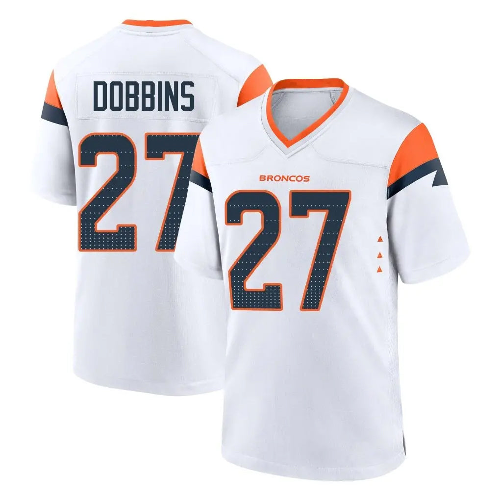 Johmsee D.Broncos #27 J.K. Dobbins Player White Home Game Stitched Jerseys
