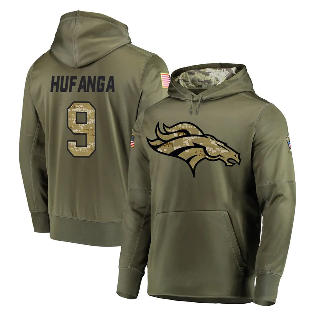 Johmsee D.Broncos #9 Talanoa Hufanga Player Olive Salute to Service Pullover Hoodies Home Game Stitched Jerseys