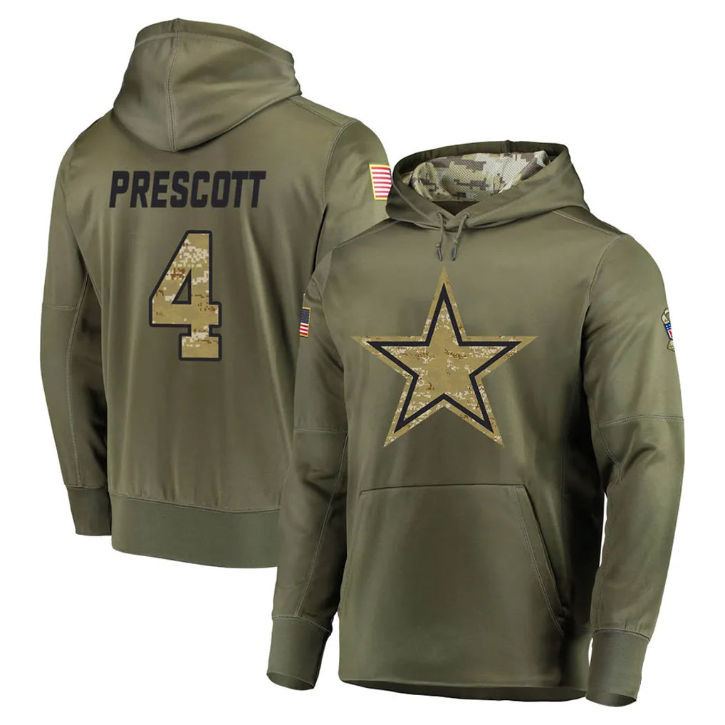 Johmsee D.Cowboys #4 Dak Prescott Player Olive Salute to Service Pullover Hoodies Home Game Stitched Jerseys