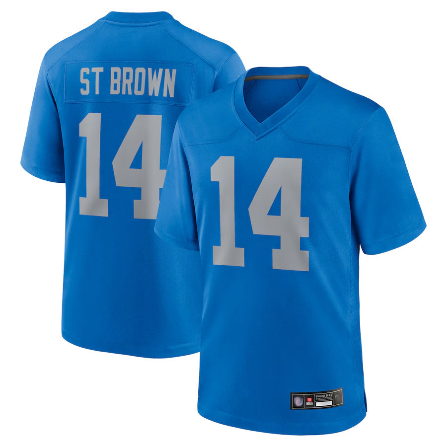 Johmsee D.Lions Alternate Game Stitched Jerseys Throwback - Blue - #14 Amon-Ra St. Brown Player