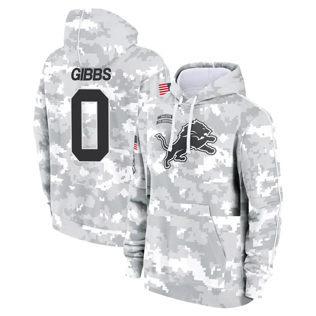 Johmsee D.Lions #0 Jahmyr Gibbs Player Arctic Camo Salute to Service Hoodies Limited Game Stitched Jerseys