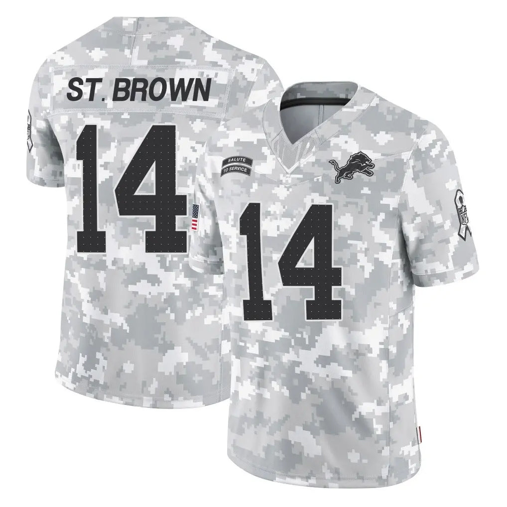 Johmsee D.Lions #14 Amon-Ra St. Brown Player Arctic Camo Salute To Service Limited Stitched Jerseys