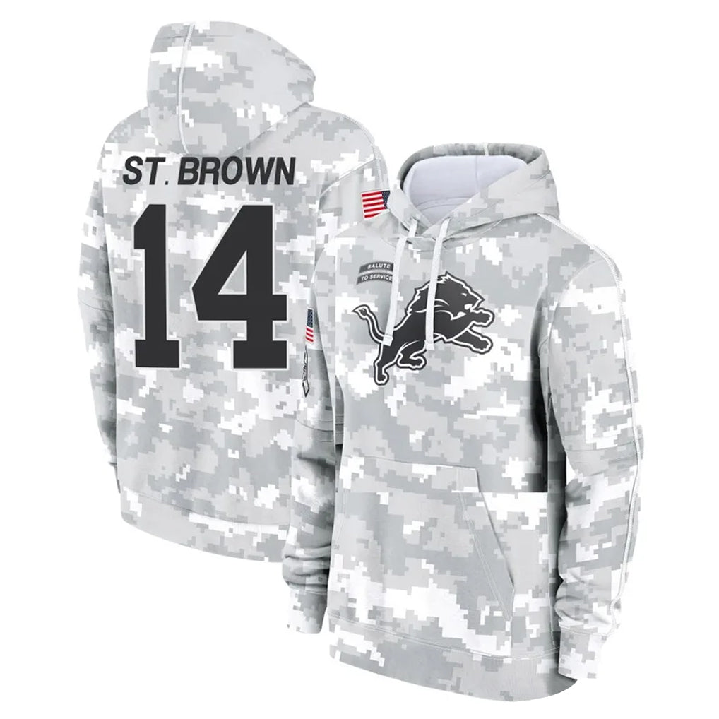 Johmsee D.Lions #14 Amon-Ra St. Brown Player Arctic Camo Salute to Service Hoodies Limited Game Stitched Jerseys