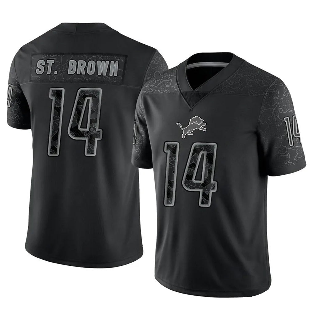 Johmsee D.Lions #14 Amon-Ra St. Brown Player Black REFLECTIVE Limited Stitched Jerseys