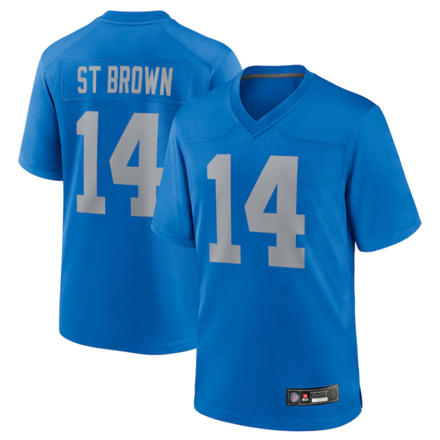Johmsee D.Lions #14 Amon-Ra St. Brown Player Blue Game Replica Stitched Jerseys