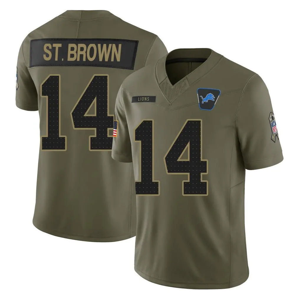 Johmsee D.Lions #14 Amon-Ra St. Brown Player Olive 2025 Salute To Service Limited Home Game Stitched Jerseys