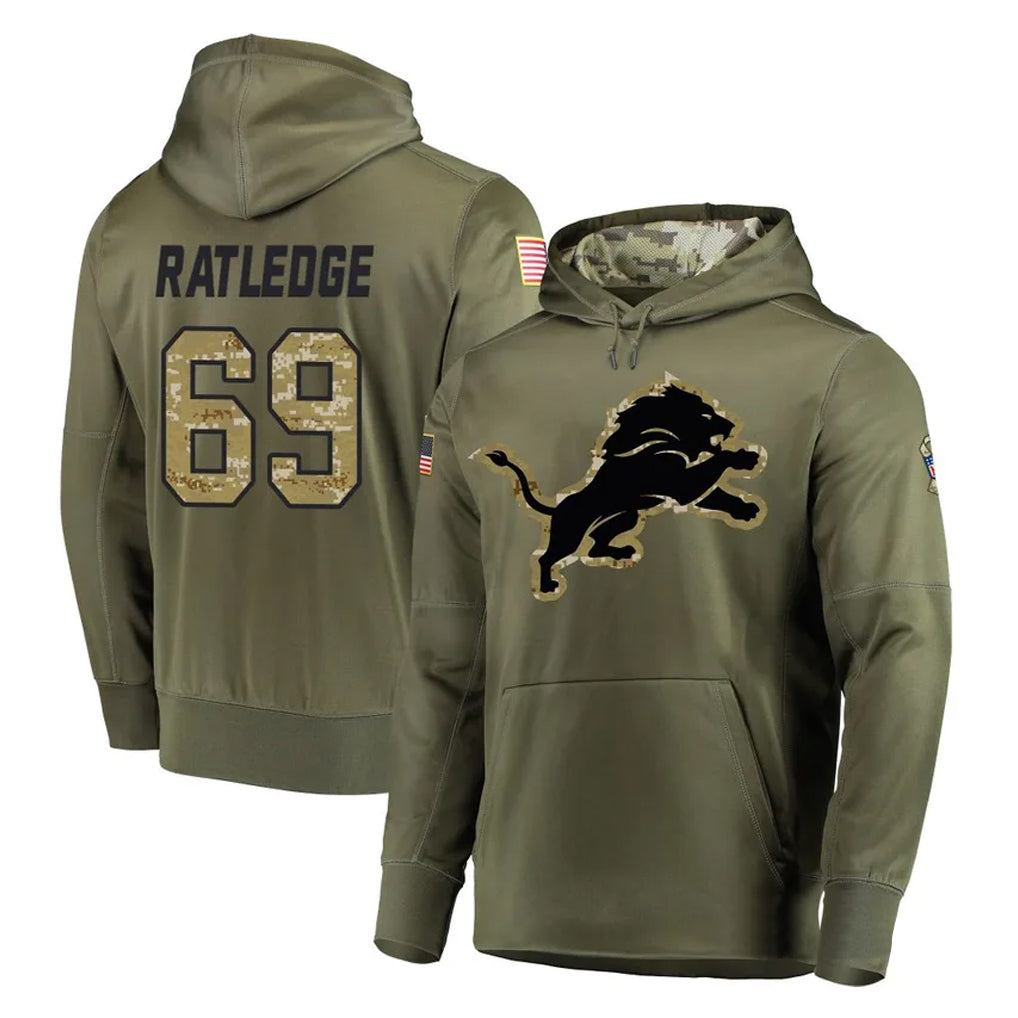 Johmsee D.Lions #69 Tate Ratledge Player Olive Salute to Service Pullover Hoodies Home Game Stitched Jerseys