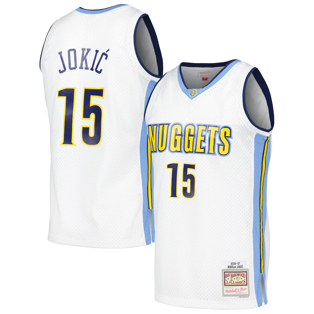 Johmsee D.Nuggets #15 Nikola Jokic Mitchell & Ness White 2016-17 Throwback Swingman Jerseys