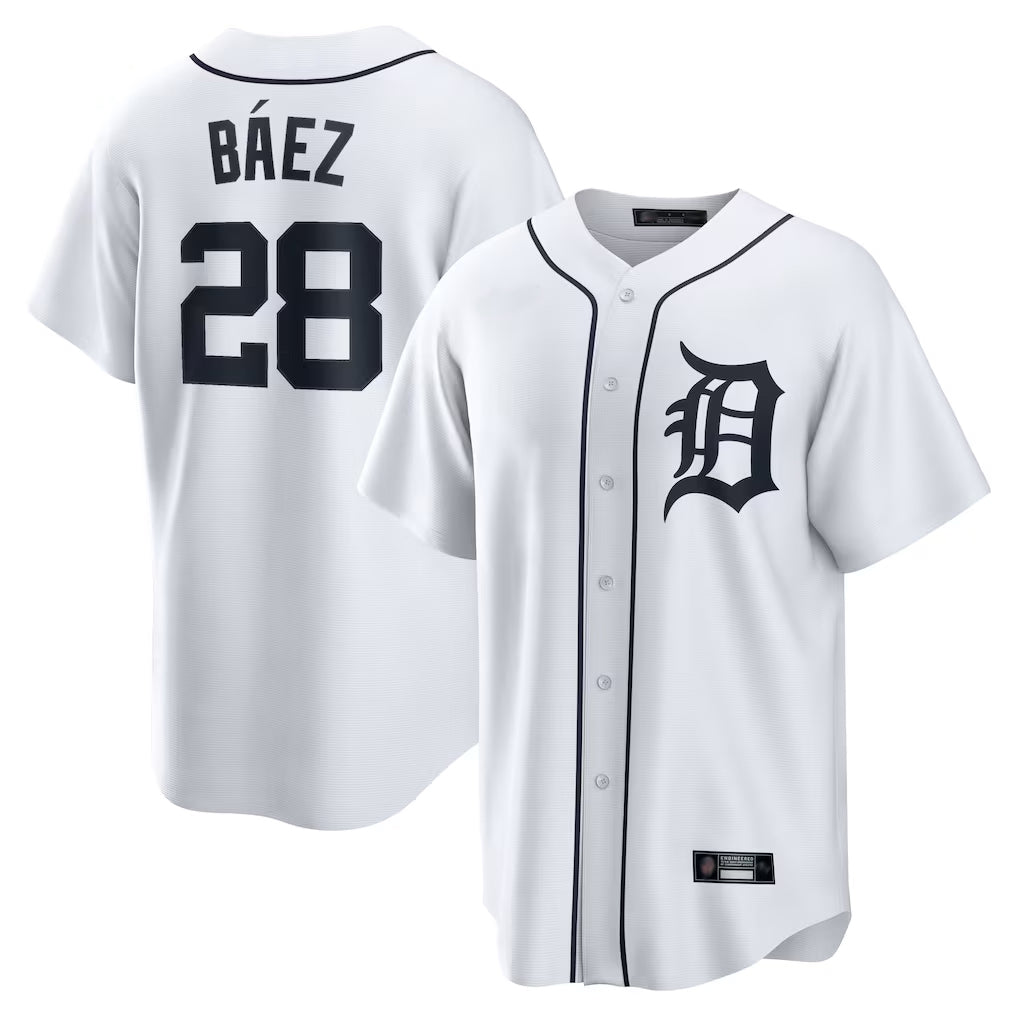 Johmsee D.Tigers #28 Javier Báez Player White Home Game Stitched Jerseys