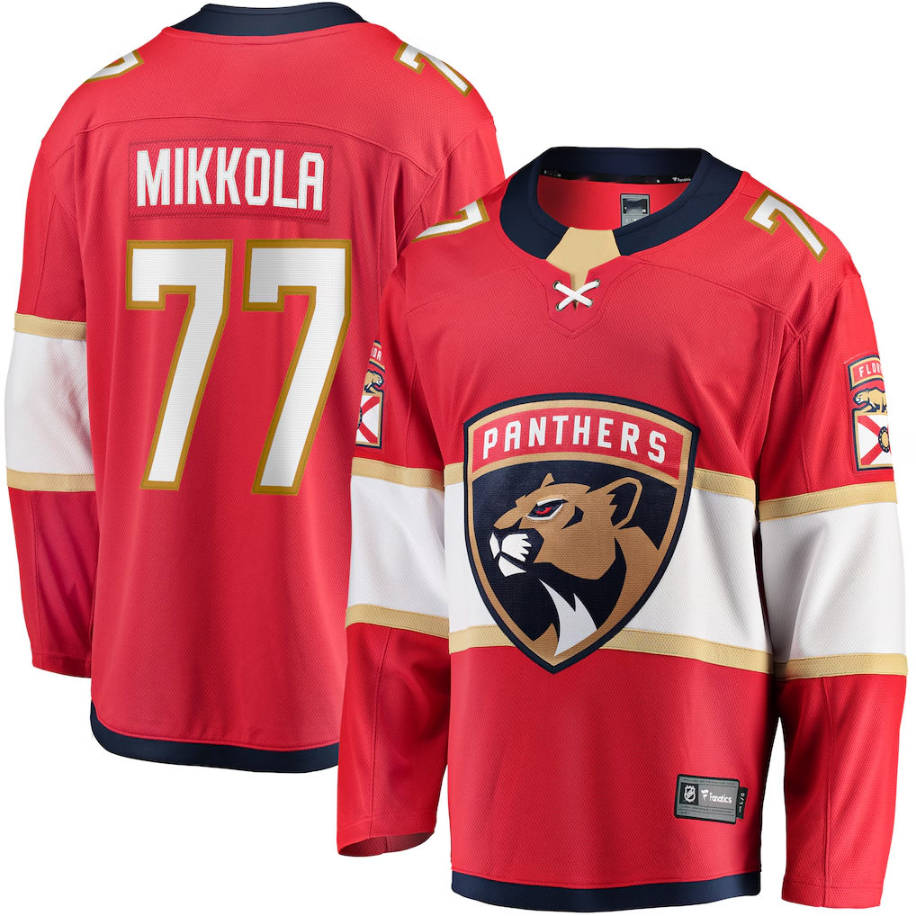 Johmsee F.Panthers #77 Niko Mikkola Red Premier Breakaway Player Jerseys