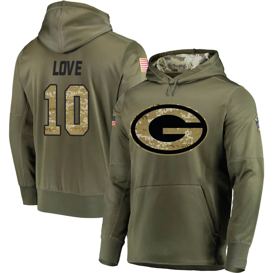 Johmsee GB.Packers #10 Jordan Love Player Olive Salute to Service Pullover Hoodie Game Stitched Jerseys