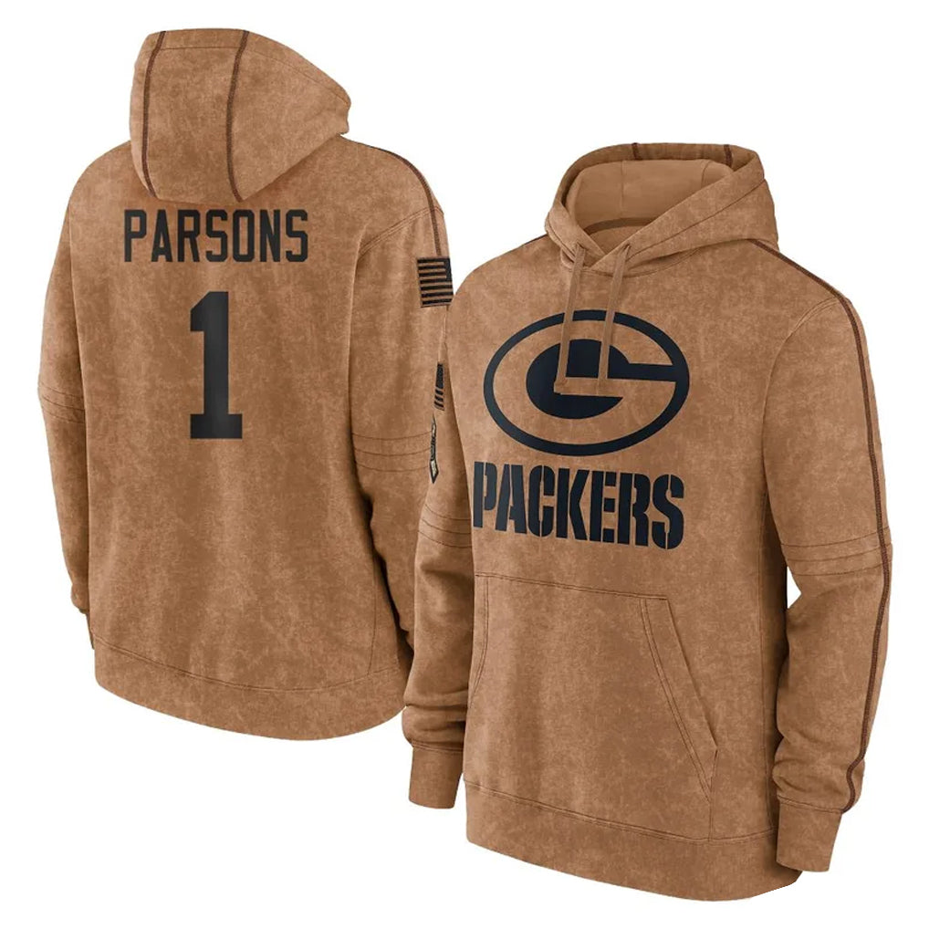 Johmsee GB.Packers #1 Micah Parsons Player Brown Salute to Service Hoodies Limited Game Stitched Jerseys