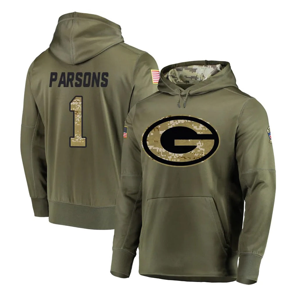 Johmsee GB.Packers #1 Micah Parsons Player Olive Salute to Service Pullover Hoodies Home Game Stitched Jerseys