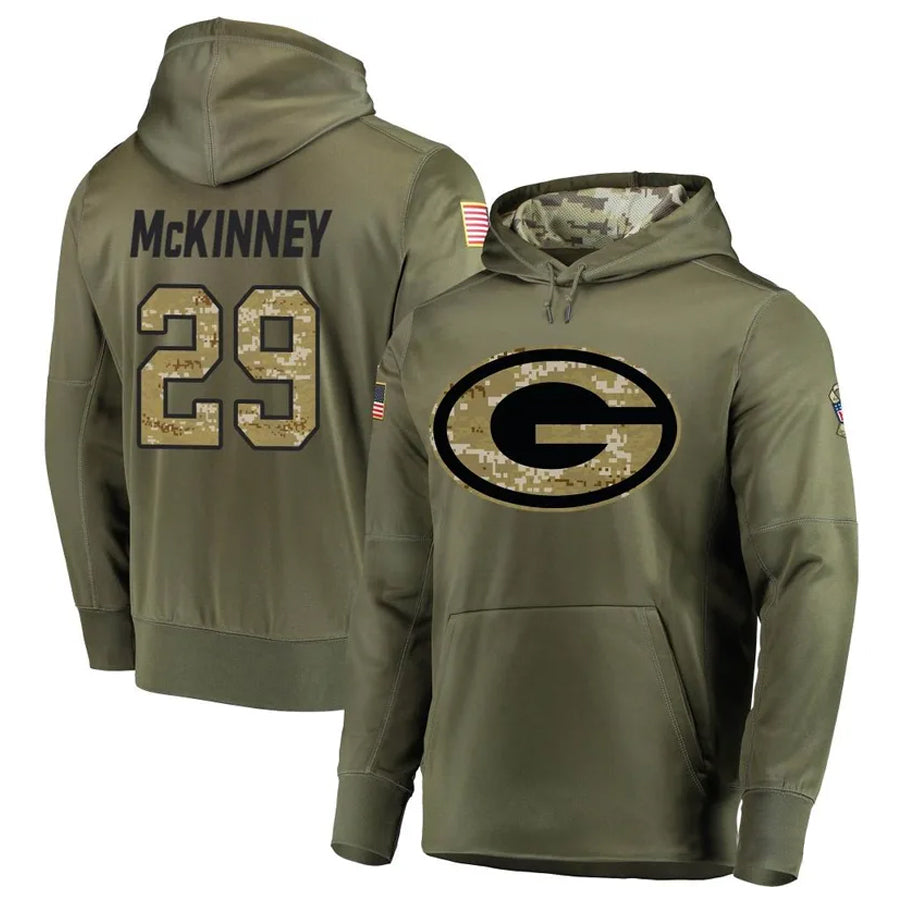 Johmsee GB.Packers #29 Xavier McKinney Player Olive Salute to Service Pullover Hoodie Game Stitched Jerseys