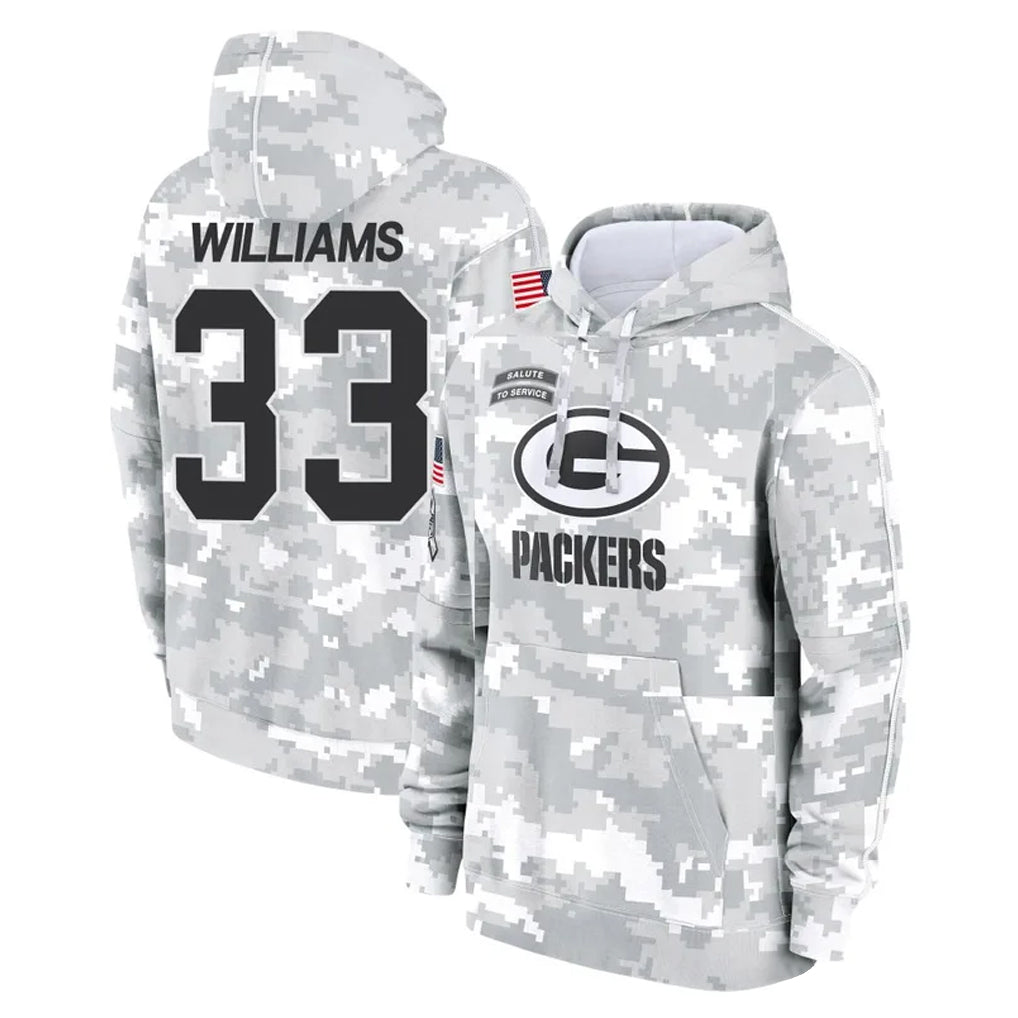 Johmsee GB.Packers #33 Evan Williams Player Arctic Camo Salute to Service Hoodies Limited Game Stitched Jerseys