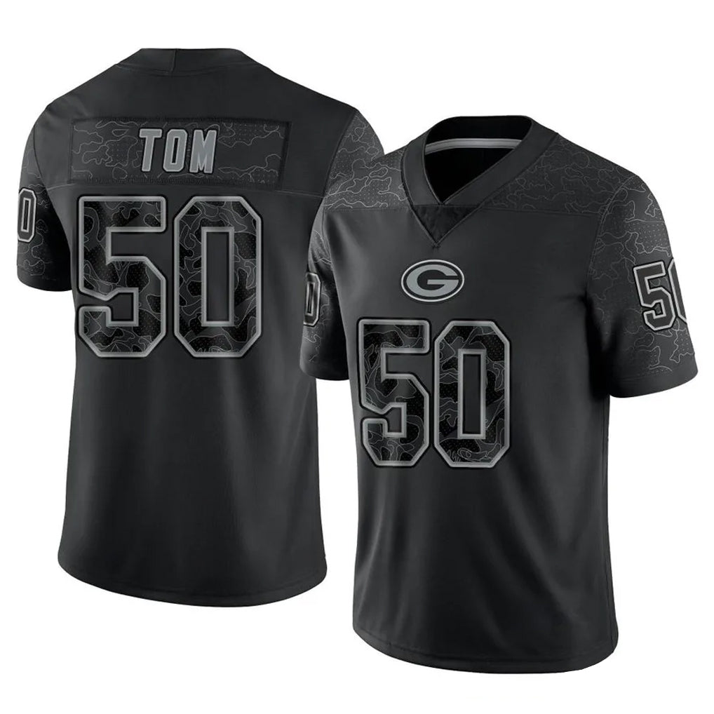 Johmsee GB.Packers #50 Zach Tom Player Black Reflective Limited Home Game Stitched Jerseys