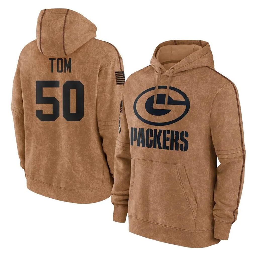Johmsee GB.Packers #50 Zach Tom Player Brown Salute to Service Hoodies Limited Game Stitched Jerseys
