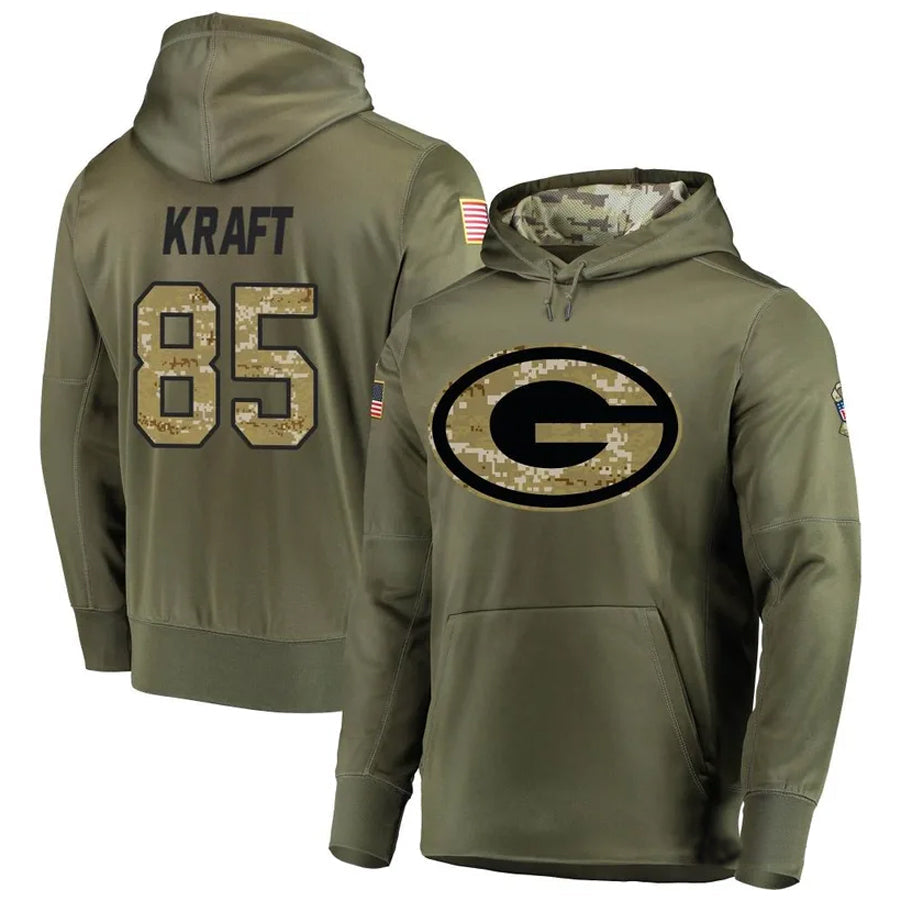 Johmsee GB.Packers #85 Tucker Kraft Player Olive Salute to Service Pullover Hoodie Game Stitched Jerseys