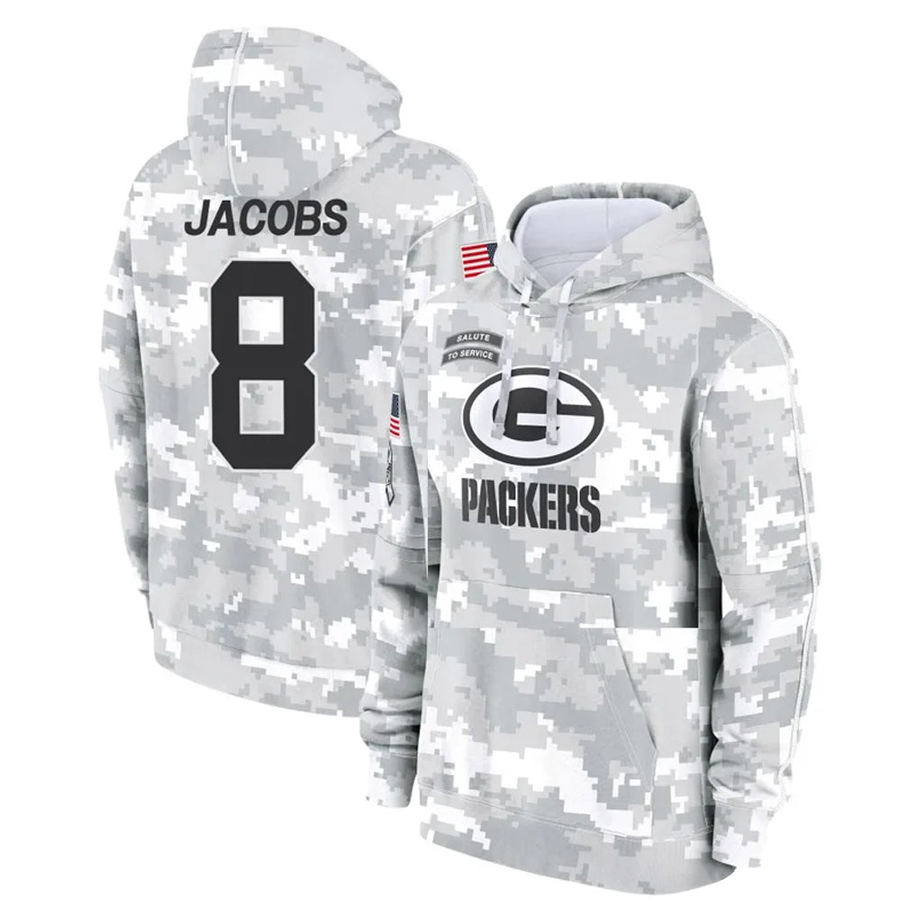 Johmsee GB.Packers #8 Josh Jacobs Player Arctic Camo Salute to Service Hoodies Limited Game Stitched Jerseys