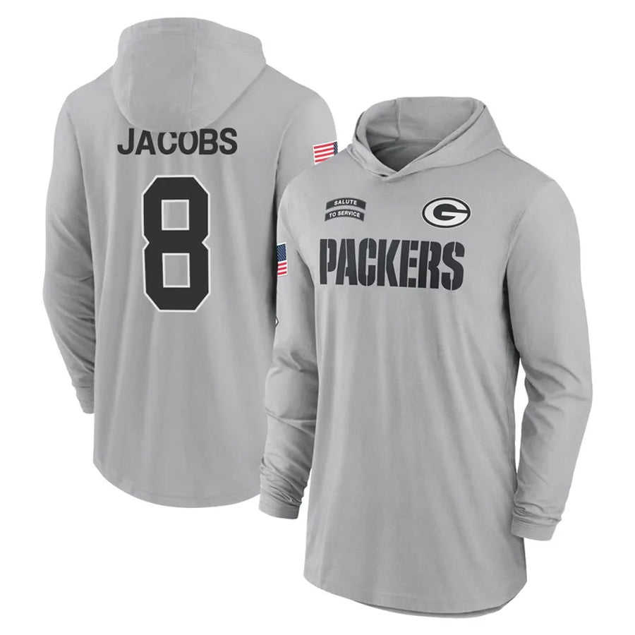 Johmsee GB.Packers #8 Josh Jacobs Player Gray Salute to Service Hoodies Game Stitched Jerseys
