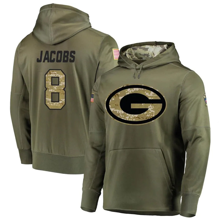 Johmsee GB.Packers #8 Josh Jacobs Player Olive Salute to Service Pullover Hoodie Game Stitched Jerseys