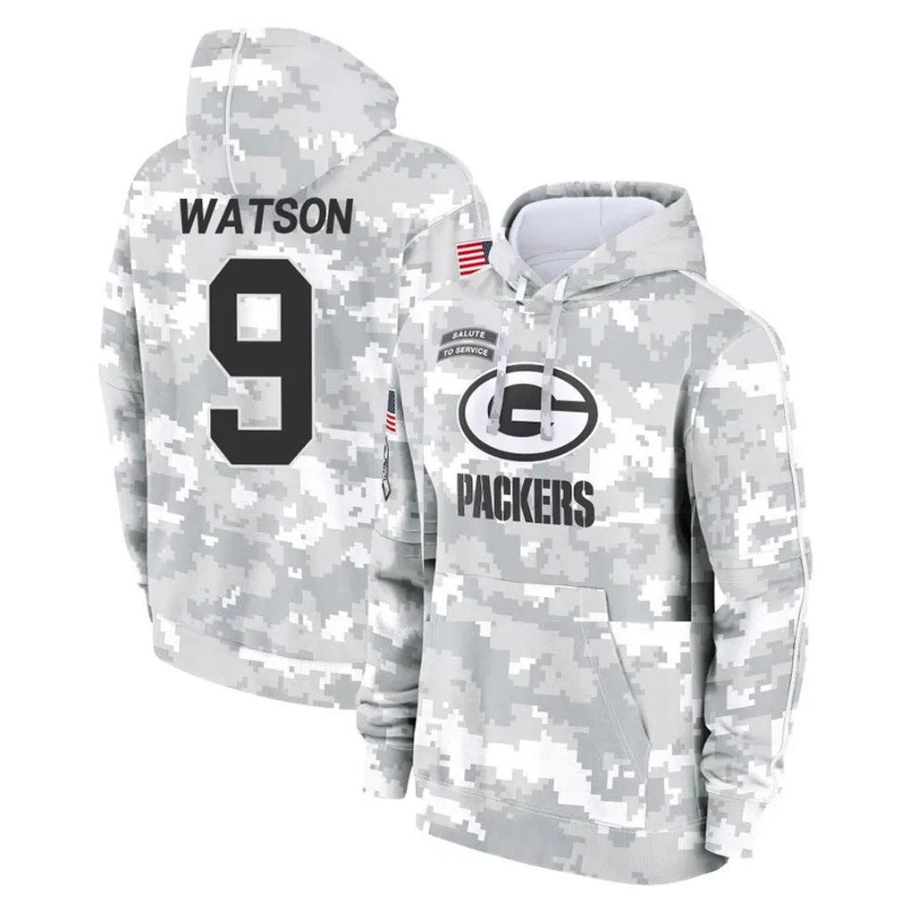 Johmsee GB.Packers #9 Christian Watson Player Arctic Camo Salute to Service Hoodies Limited Game Stitched Jerseys