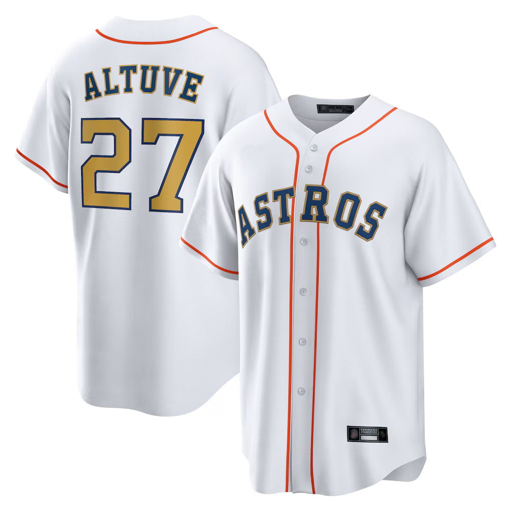 Johmsee H.Astros #27 Jose Altuve Player White Gold Collection Game Home Stitched Jerseys