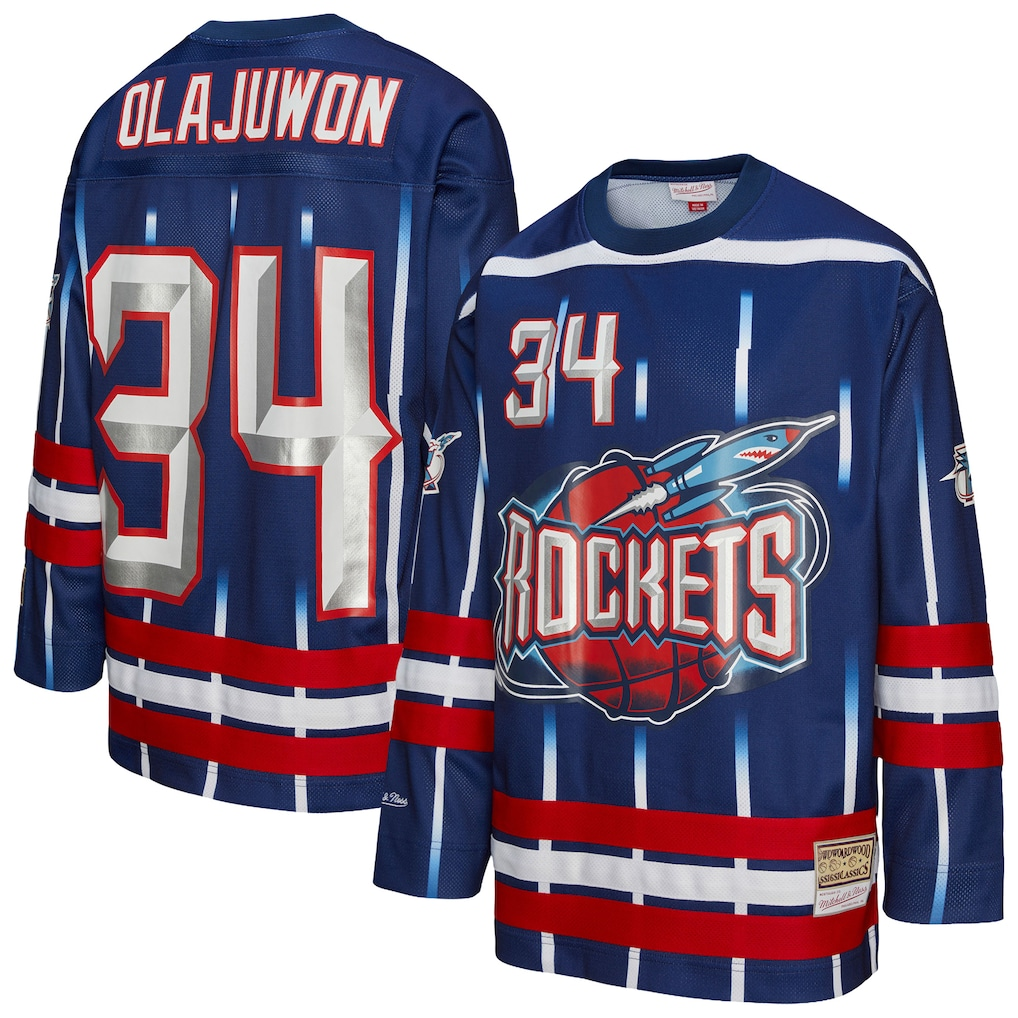 Johmsee H.Rockets #34 Hakeem Olajuwon Mitchell & Ness Navy Maxxed Out Fashion Hockey Stitched Jerseys
