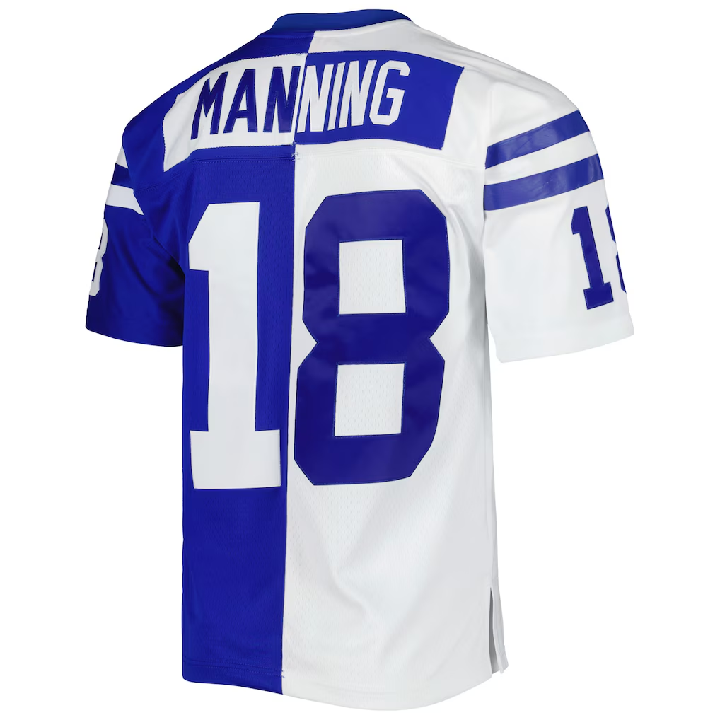 Johmsee IN.Colts #18 Peyton Manning Mitchell & Ness Royal White 1998 Split Legacy Replica Stitched Puhic Jersey