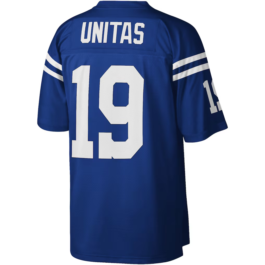 Johmsee IN.Colts #19 Johnny Unitas Mitchell & Ness Royal Legacy Replica Stitched Puhic Jersey