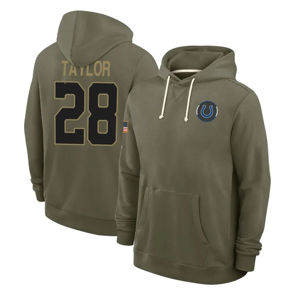 Johmsee IN.Colts #28 Jonathan Taylor Player Olive Salute to Service Pullover Hoodies Limited Stitched Jerseys