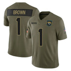Johmsee J.Jaguars #1 Montaric Brown Player Olive 2025 Salute To Service Limited Game Stitched Jerseys