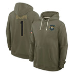 Johmsee J.Jaguars #1 Montaric Brown Player Olive Salute to Service Pullover Hoodies Limited Stitched Jerseys